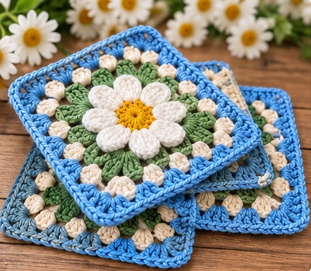 Vintage Raised Daisy Floral Granny Square